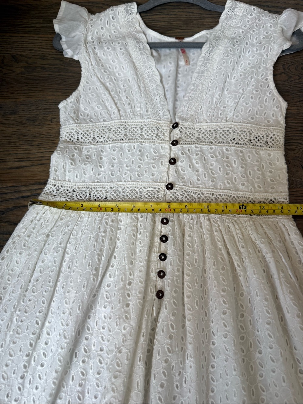 Free People White Eyelet Lace Button-Front Midi Dress with ruffle sleeves. SM - Picture 8 of 9